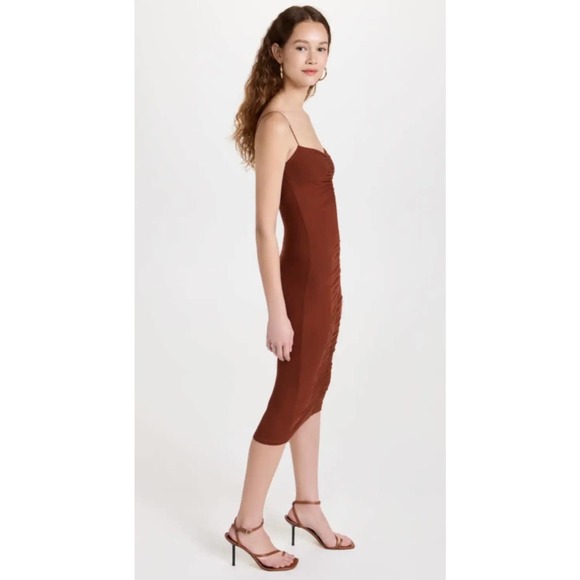 ENZA COSTA Dress Womens Large Umber Stretch Silk Knit Ruched Strappy Midi NEW - Picture 3 of 16